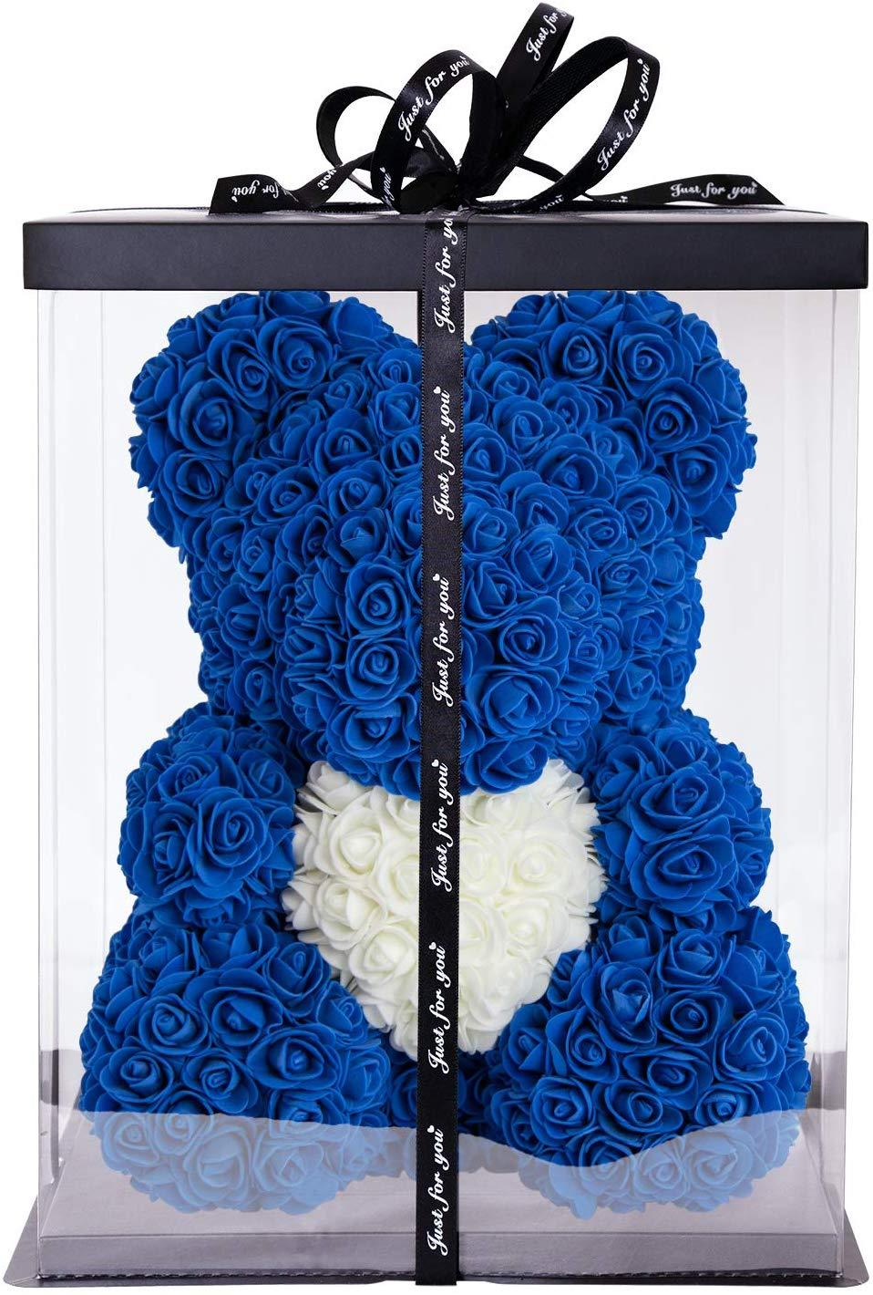 Ours en roses avec coeur 40 cm Bleu