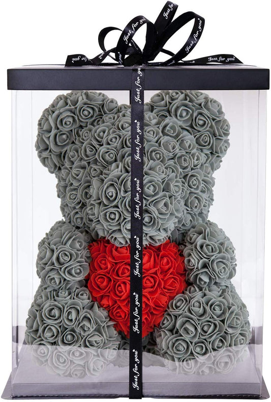 Ours en roses avec coeur 40 cm Gris