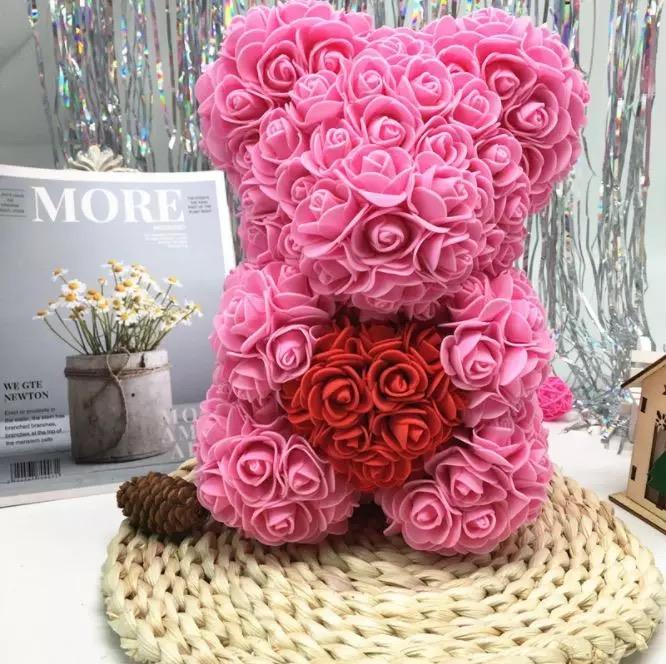 Ours en roses avec cœur 25 cm + Boîte 25 cm