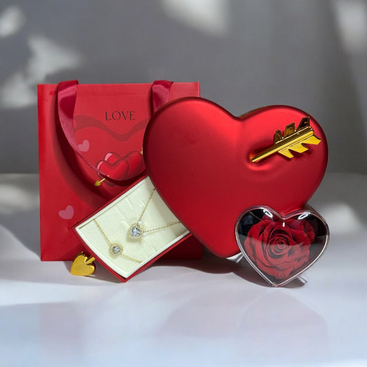 Coffret Cadeau Cœur « Amour Éternel » avec Bijoux et Rose