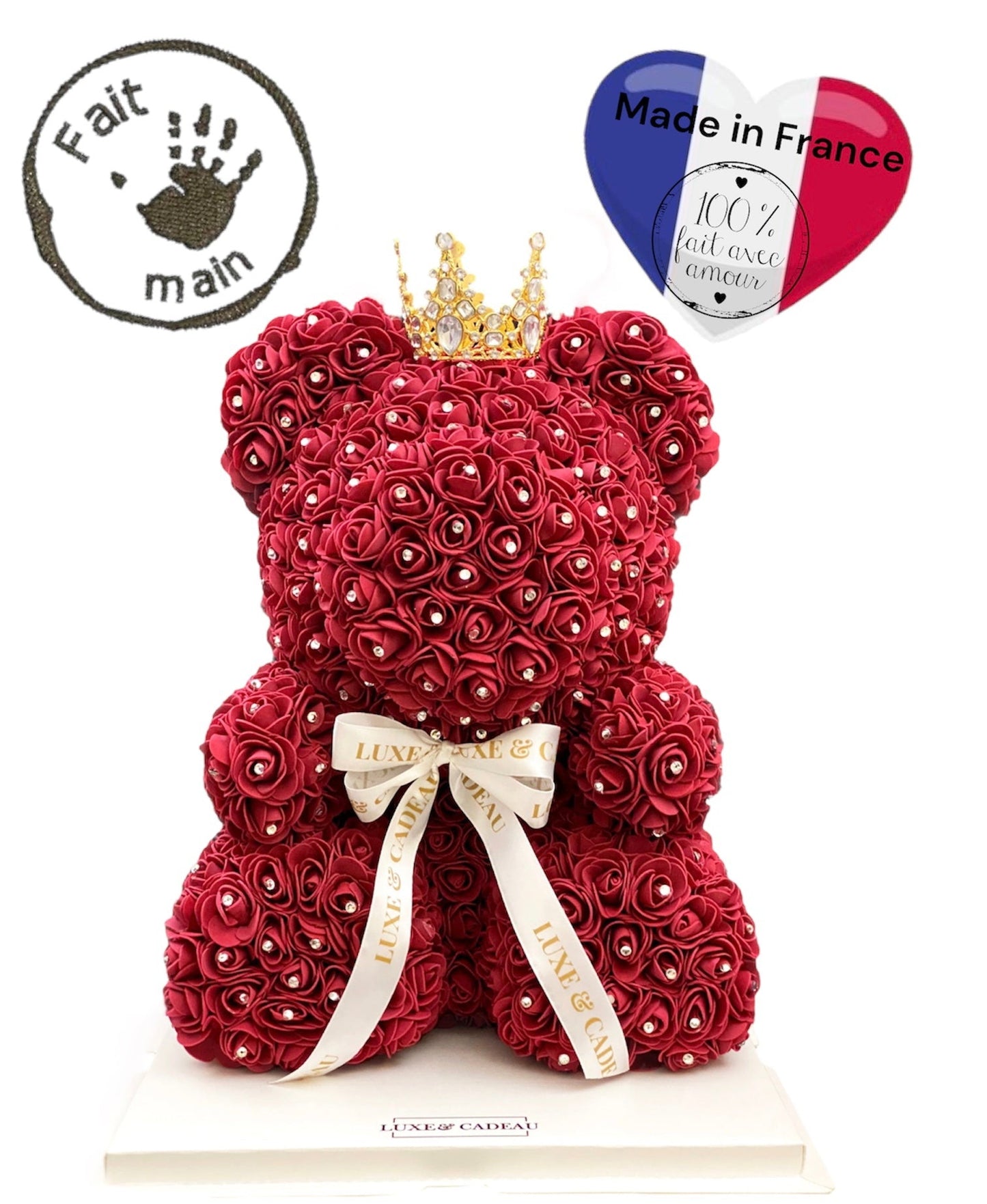 Ours en rose avec strass Bordeaux avec boîte 40 cm