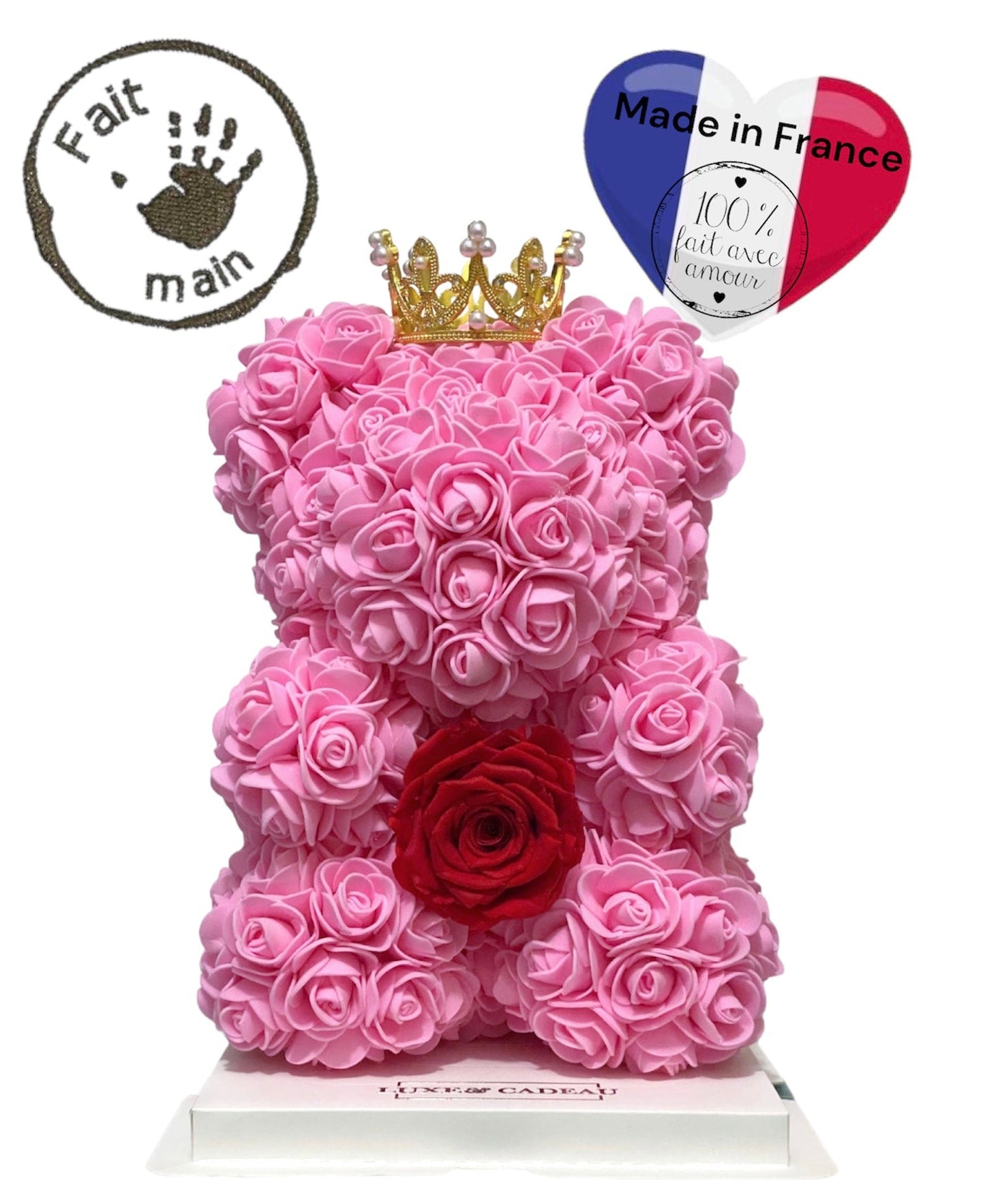 Ours en rose avec rose éternelle 25cm